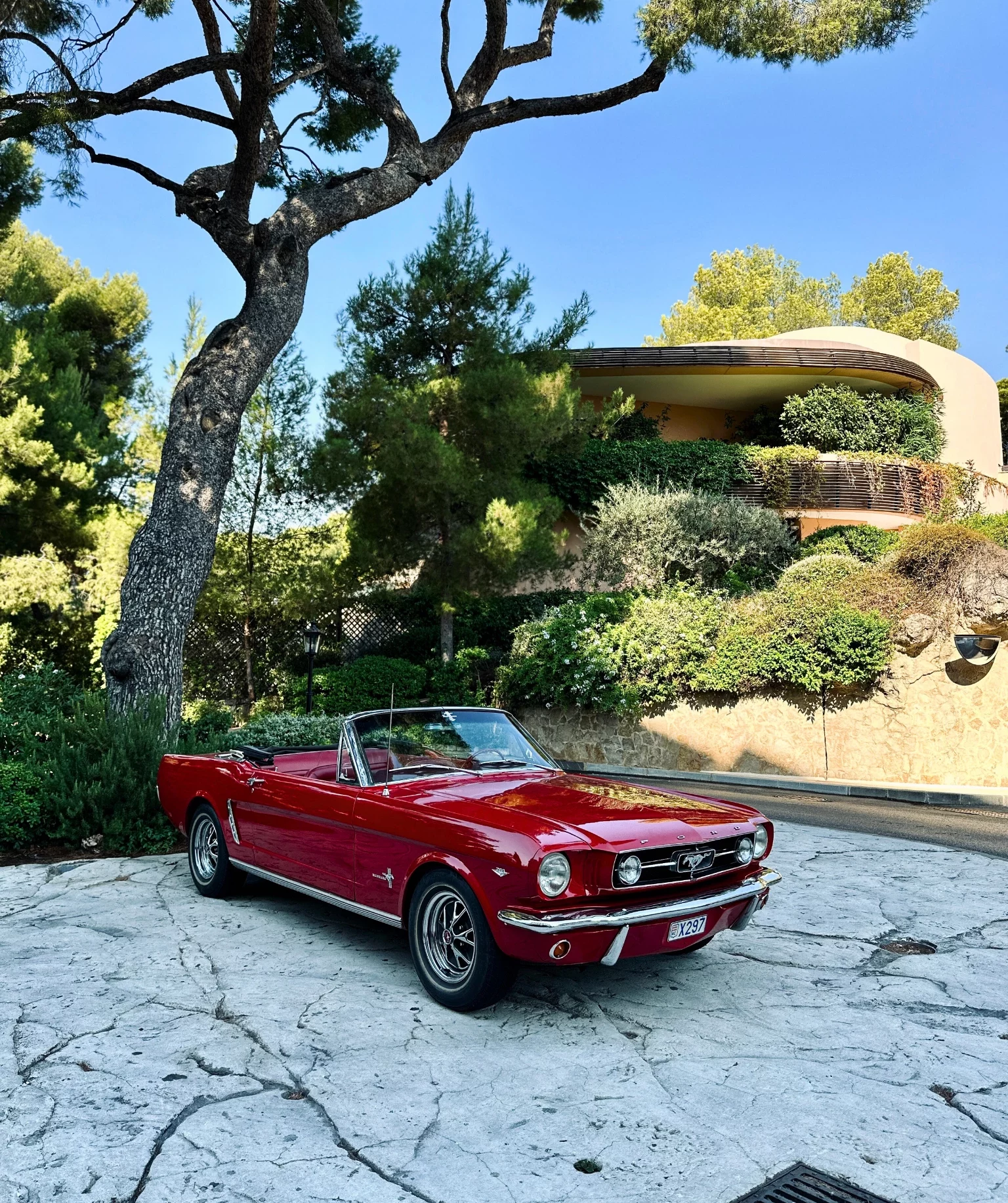 Ford Mustang convertible classic car rental French Riviera sunset drive.