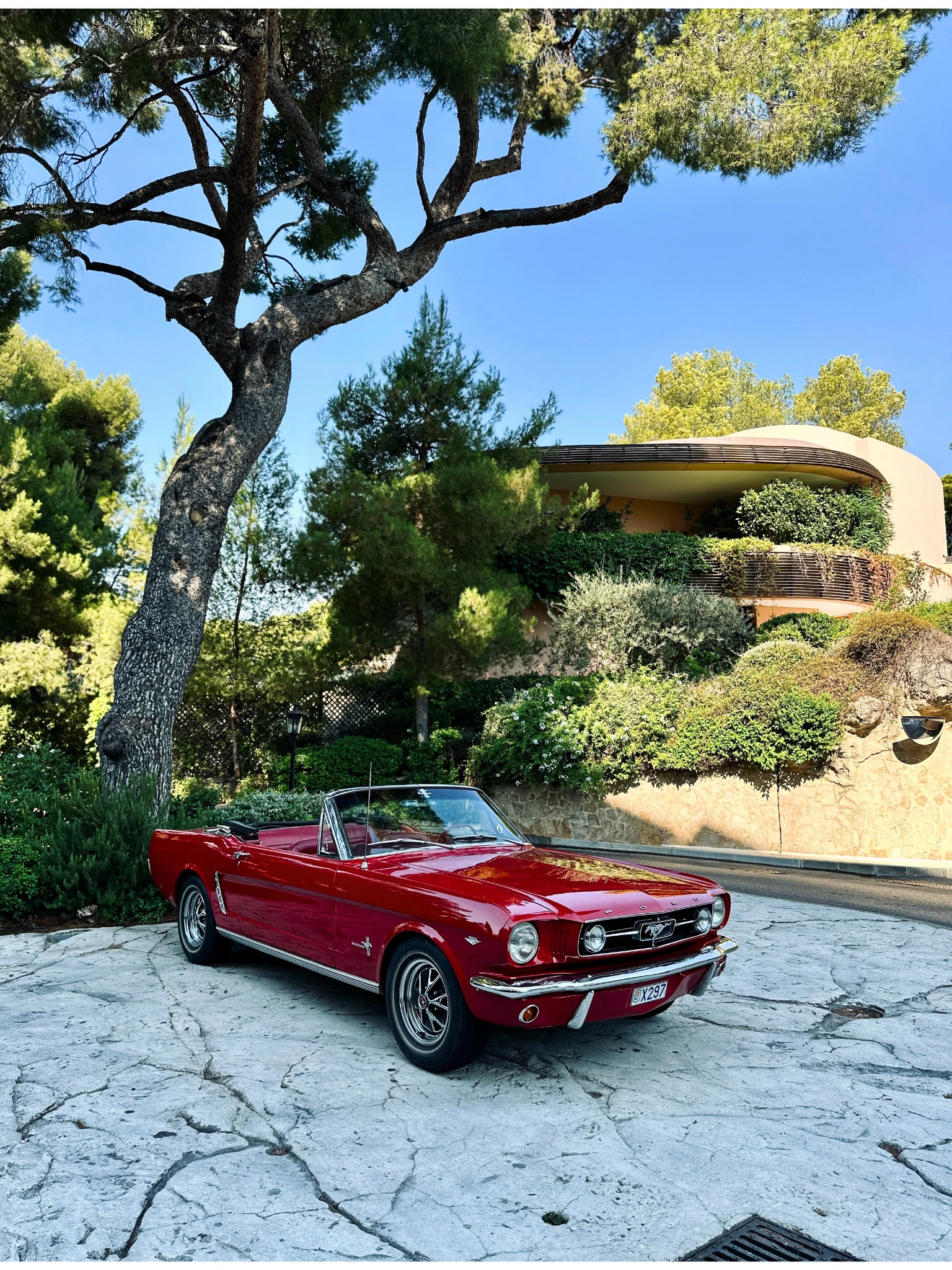 Ford Mustang convertible classic car rental French Riviera sunset drive.