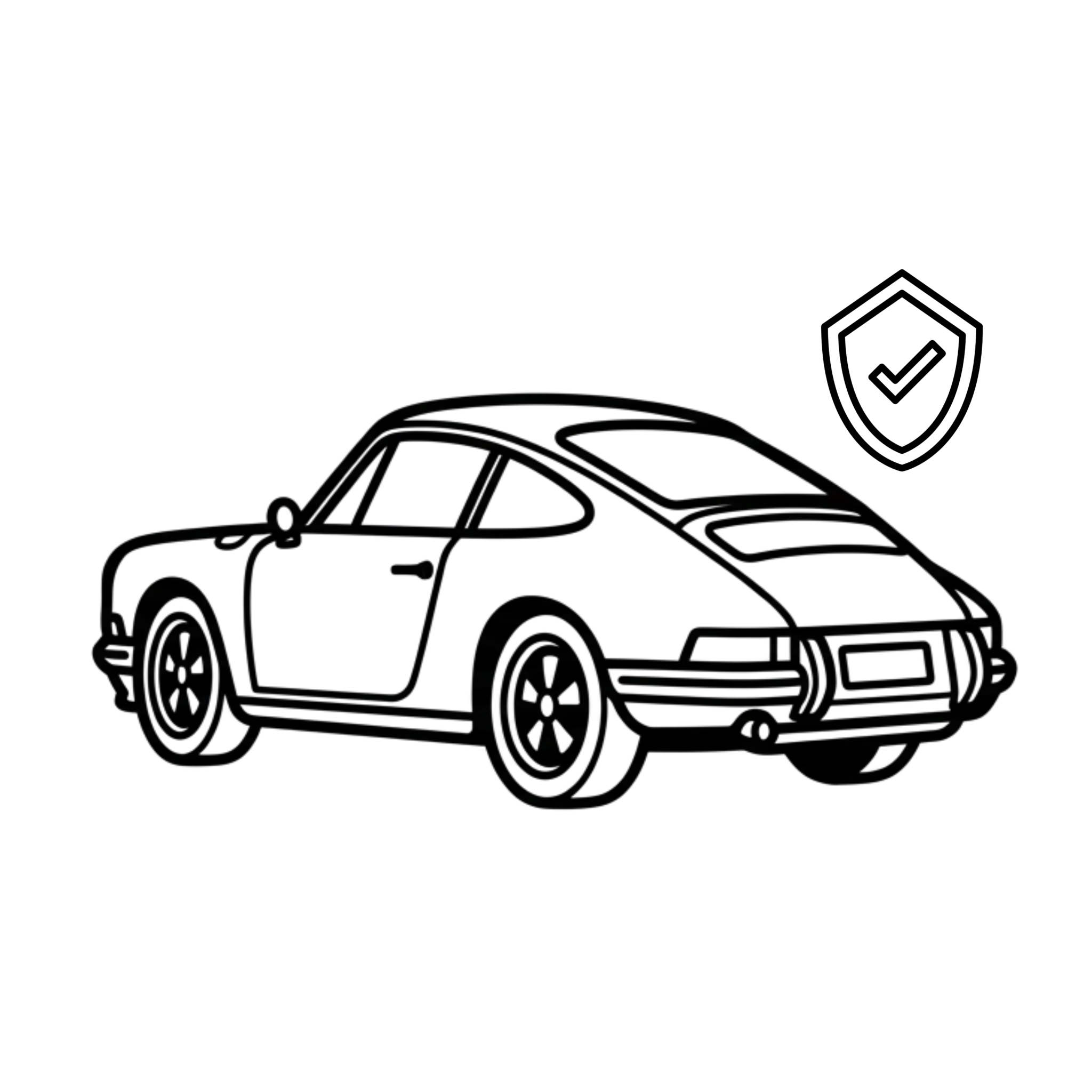 Black and white line art icon showing a classic Porsche 911 with a insurance badge.