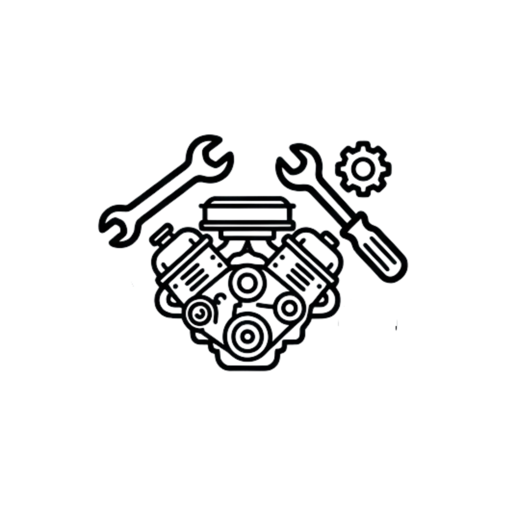 Minimalist line art illustration of a powerful V8 engine block surrounded by a wrench, screwdriver, and multiple gears.