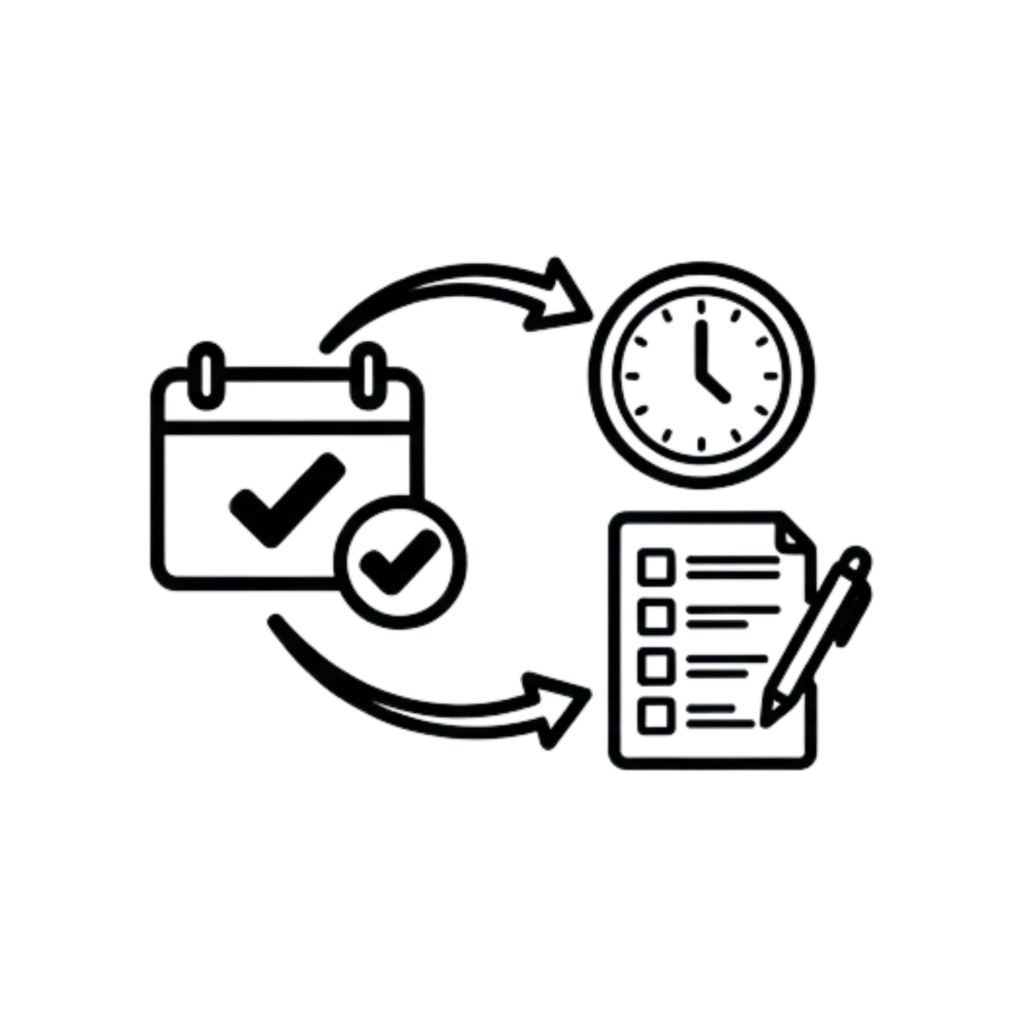 Fine line icon showing a calendar with a checkmark, connected by arrows to an analog clock and a checklist with a pen.