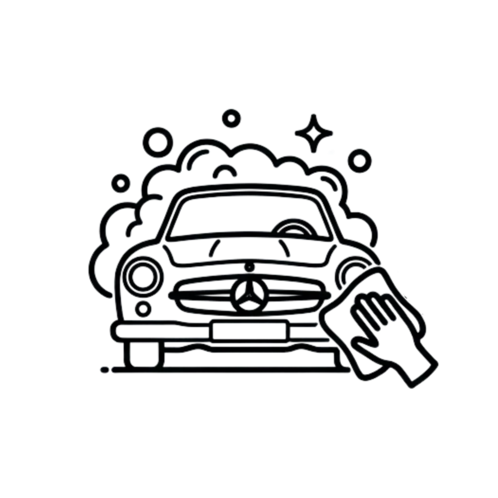 Line art illustration of a classic Mercedes-Benz (frontal view) framed by soap bubbles and sparkles, with a hand holding a microfiber cloth.