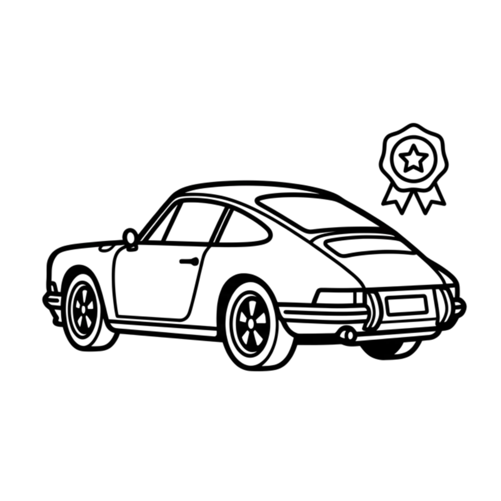 Minimalist black and white line art icon of a classic Porsche 911 with a quality seal badge.