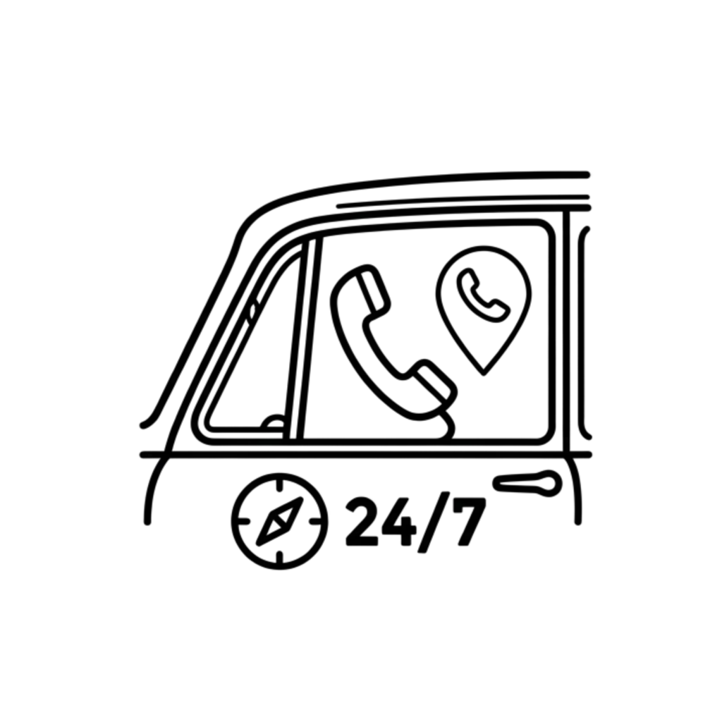 Professional pictogram showing a classic car window with a phone handset, location pin, and a 24/7 compass logo.